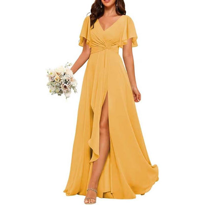 Women's Bridesmaid Dresses Chiffon Short Sleeves Wedding Guest Dress with Pockets