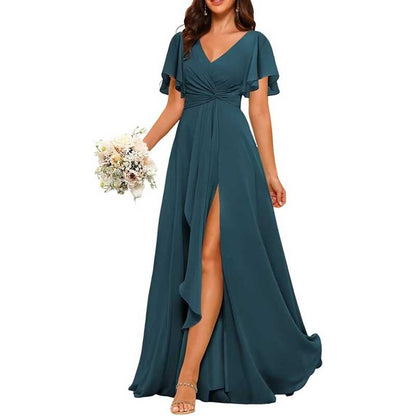Women's Bridesmaid Dresses Chiffon Short Sleeves Wedding Guest Dress with Pockets