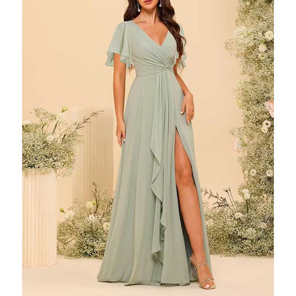 Women's Bridesmaid Dresses Chiffon Short Sleeves Wedding Guest Dress with Pockets