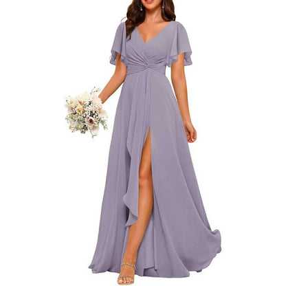 Women's Bridesmaid Dresses Chiffon Short Sleeves Wedding Guest Dress with Pockets