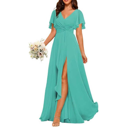 Women's Bridesmaid Dresses Chiffon Short Sleeves Wedding Guest Dress with Pockets