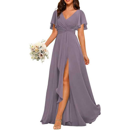Women's Bridesmaid Dresses Chiffon Short Sleeves Wedding Guest Dress with Pockets