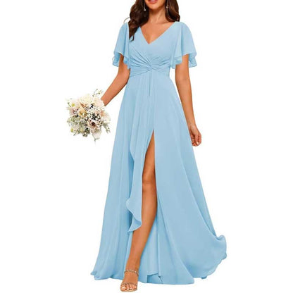 Women's Bridesmaid Dresses Chiffon Short Sleeves Wedding Guest Dress with Pockets