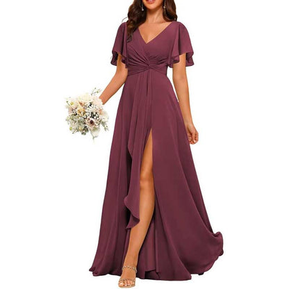 Women's Bridesmaid Dresses Chiffon Short Sleeves Wedding Guest Dress with Pockets