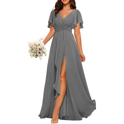 Women's Bridesmaid Dresses Chiffon Short Sleeves Wedding Guest Dress with Pockets