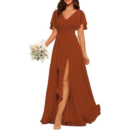 Women's Bridesmaid Dresses Chiffon Short Sleeves Wedding Guest Dress with Pockets