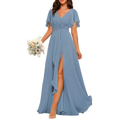 Women's Bridesmaid Dresses Chiffon Short Sleeves Wedding Guest Dress with Pockets
