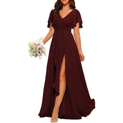 Women's Bridesmaid Dresses Chiffon Short Sleeves Wedding Guest Dress with Pockets