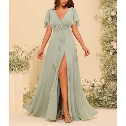 Women's Bridesmaid Dresses Chiffon Short Sleeves Wedding Guest Dress with Pockets