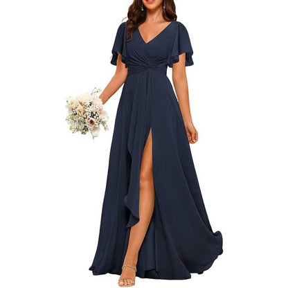 Women's Bridesmaid Dresses Chiffon Short Sleeves Wedding Guest Dress with Pockets
