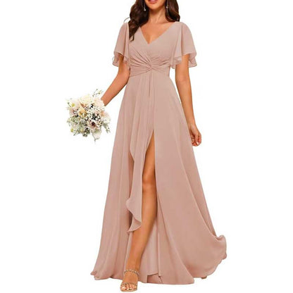 Women's Bridesmaid Dresses Chiffon Short Sleeves Wedding Guest Dress with Pockets