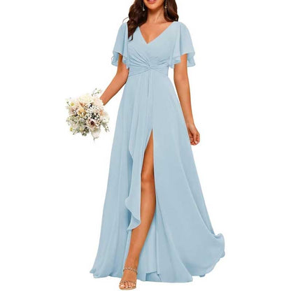 Women's Bridesmaid Dresses Chiffon Short Sleeves Wedding Guest Dress with Pockets