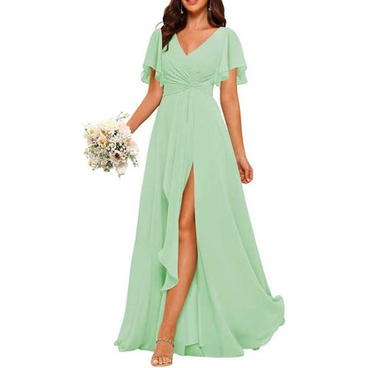 Women's Bridesmaid Dresses Chiffon Short Sleeves Wedding Guest Dress with Pockets