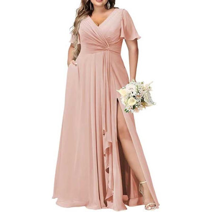 Women's Bridesmaid Dresses Chiffon Short Sleeves Wedding Guest Dress with Pockets