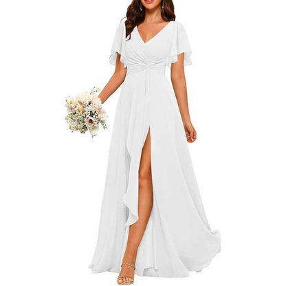 Women's Bridesmaid Dresses Chiffon Short Sleeves Wedding Guest Dress with Pockets