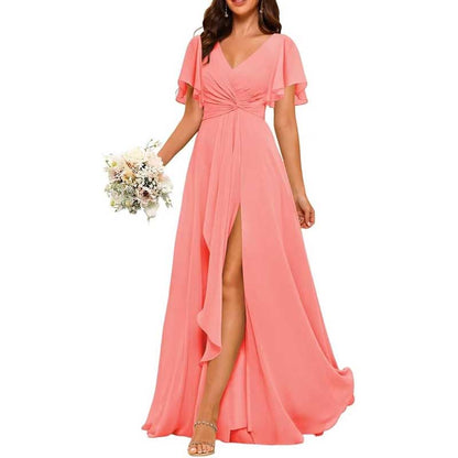 Women's Bridesmaid Dresses Chiffon Short Sleeves Wedding Guest Dress with Pockets