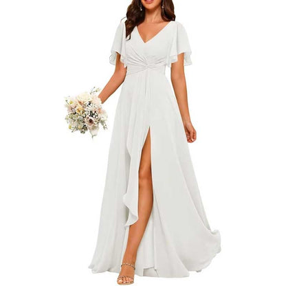 Women's Bridesmaid Dresses Chiffon Short Sleeves Wedding Guest Dress with Pockets