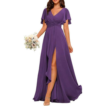 Women's Bridesmaid Dresses Chiffon Short Sleeves Wedding Guest Dress with Pockets