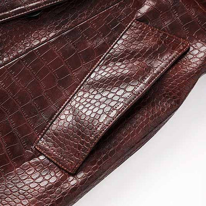 Women's Brown Faux Leather  Croc-Effect Trench Coat