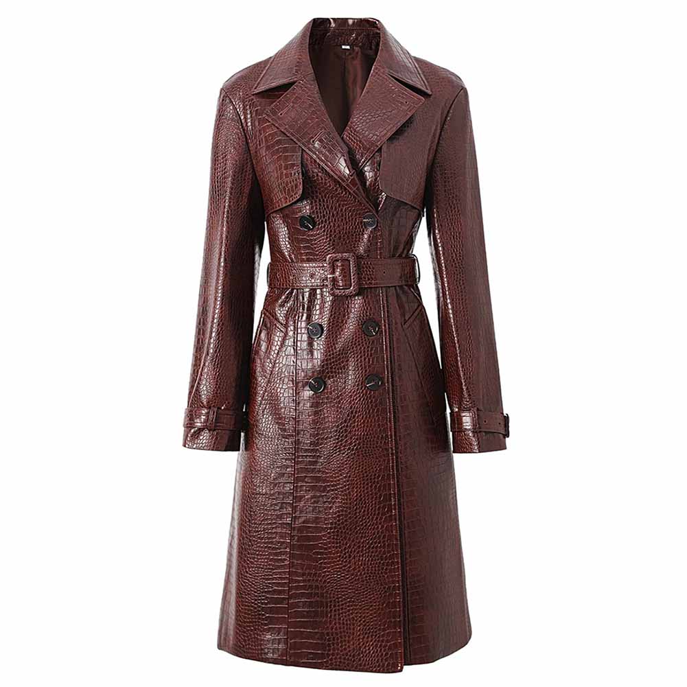 Women's Brown Faux Leather  Croc-Effect Trench Coat