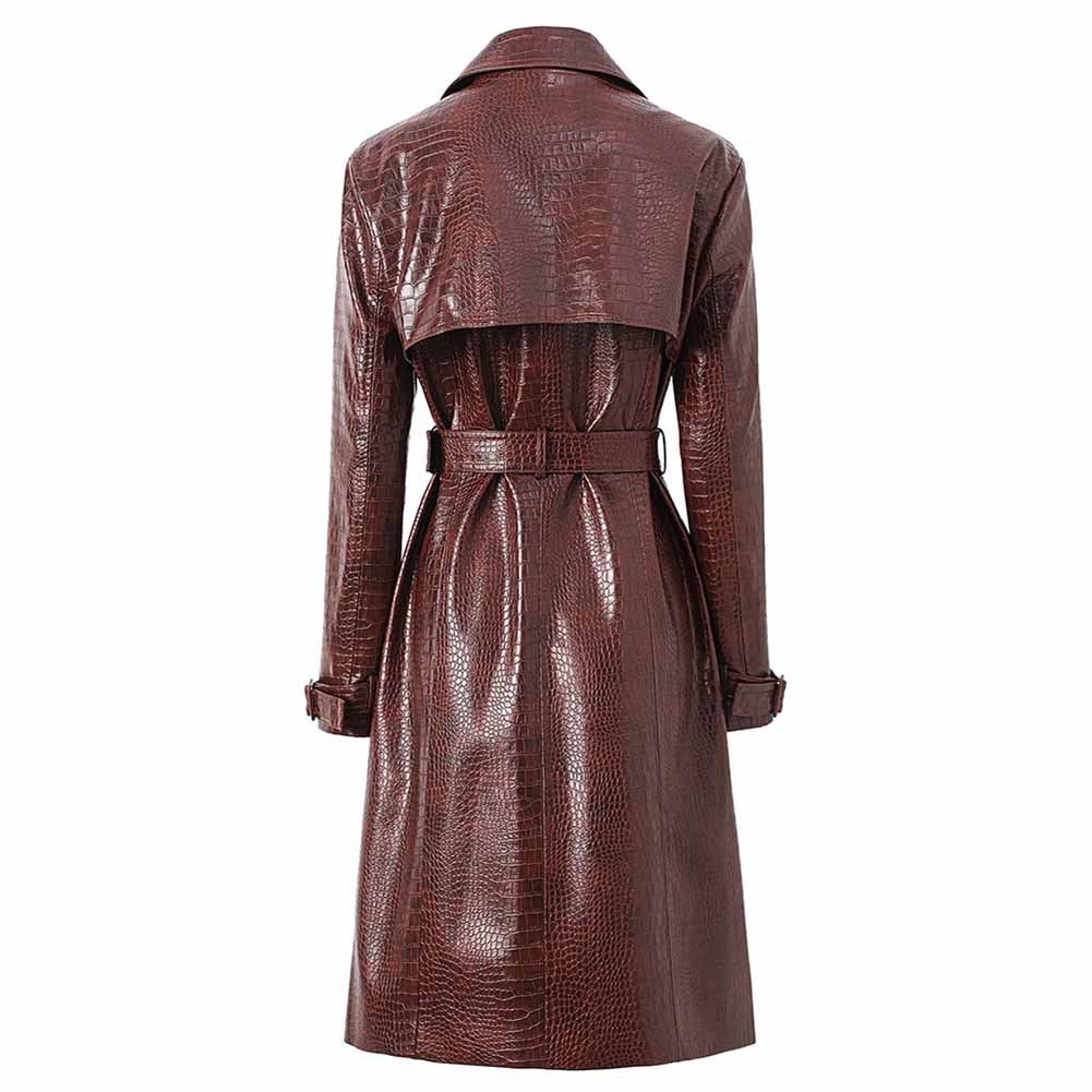 Women's Brown Faux Leather  Croc-Effect Trench Coat