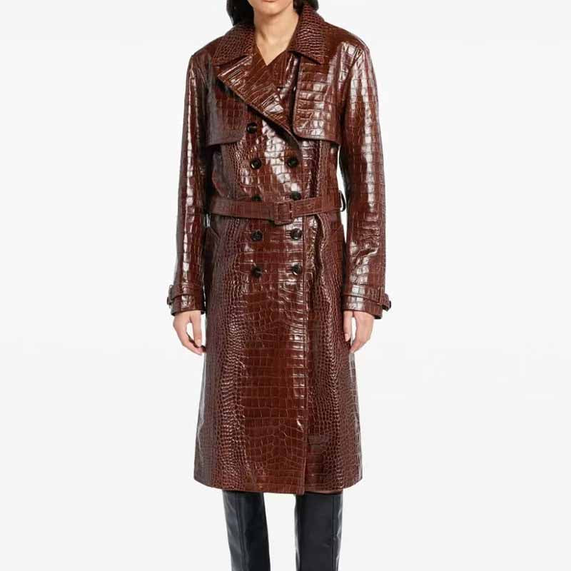 Women's Brown Faux Leather  Croc-Effect Trench Coat