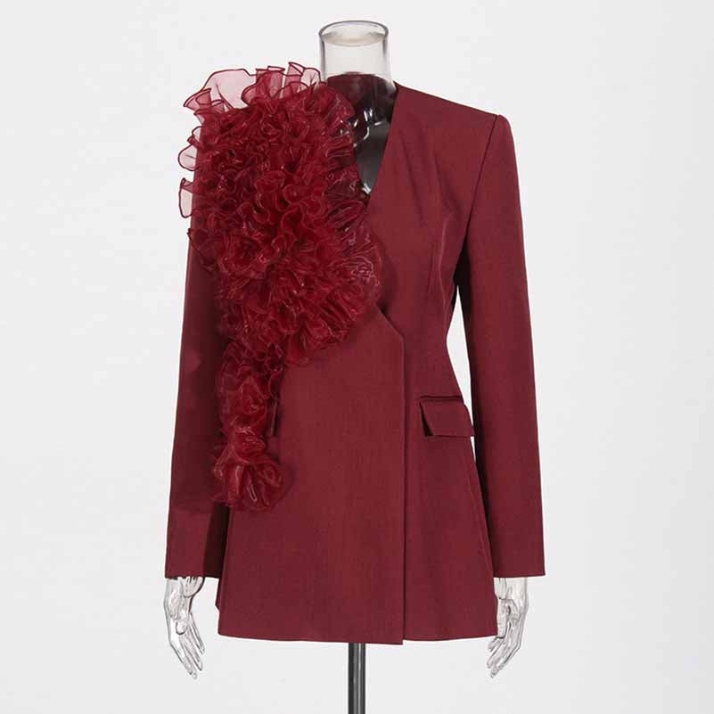 Women's Burgundy Blazer With Flounce Jacket