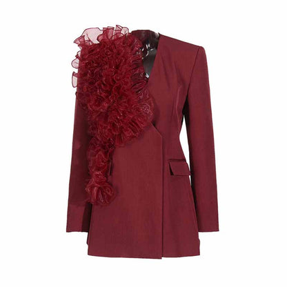 Women's Burgundy Blazer With Flounce Jacket