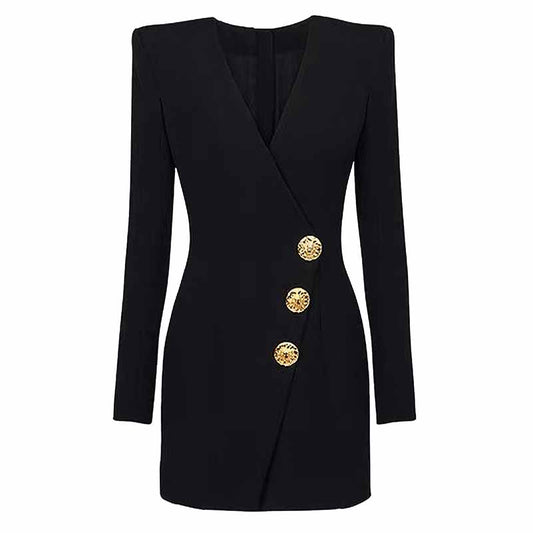 Women's Button-embellished Black Mini Blazer Dress