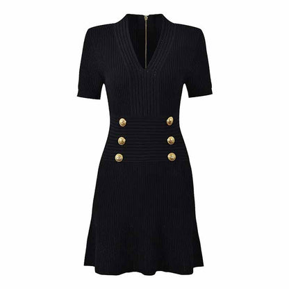 Women's Button-embellished Knitted Dress V-neck Mini Dress in Black