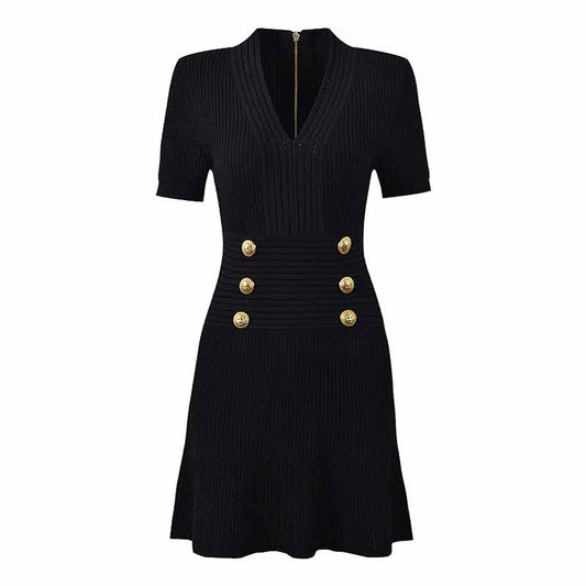 Women's Button-embellished Knitted Dress V-neck Mini Dress in Black