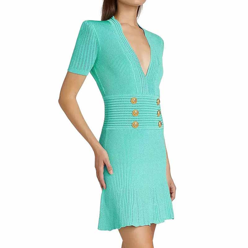 Women's Button-embellished Knitted Dress V-neck Mini Dress in Turquoise