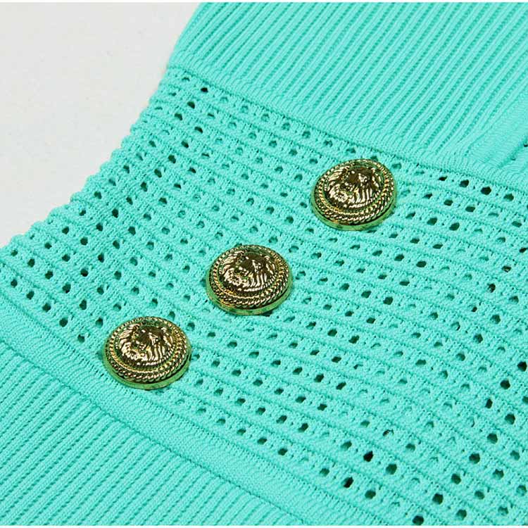 Women's Button-embellished Knitted Dress V-neck Mini Dress in Turquoise