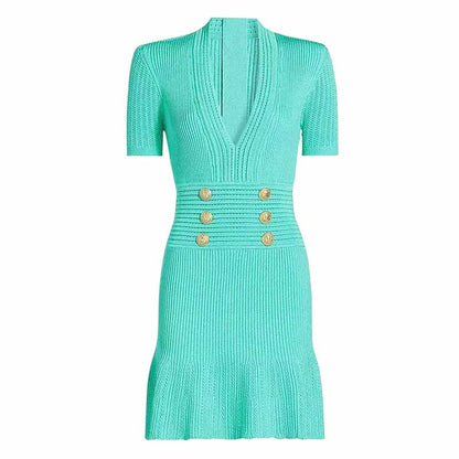 Women's Button-embellished Knitted Dress V-neck Mini Dress in Turquoise