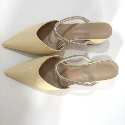 Women's Champagne Faux Leather Mules Pointed Toe Rhinestone Strap Kitten Heel Slides