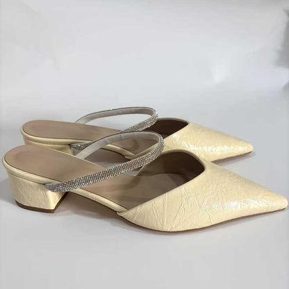 Women's Champagne Faux Leather Mules Pointed Toe Rhinestone Strap Kitten Heel Slides