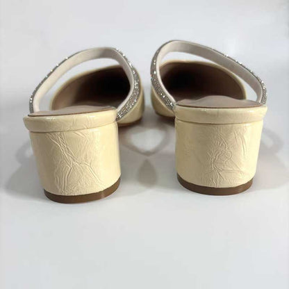 Women's Champagne Faux Leather Mules Pointed Toe Rhinestone Strap Kitten Heel Slides