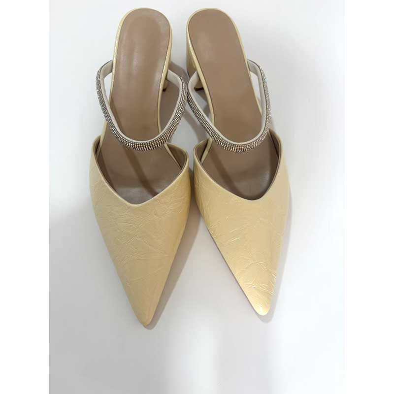 Women's Champagne Faux Leather Mules Pointed Toe Rhinestone Strap Kitten Heel Slides
