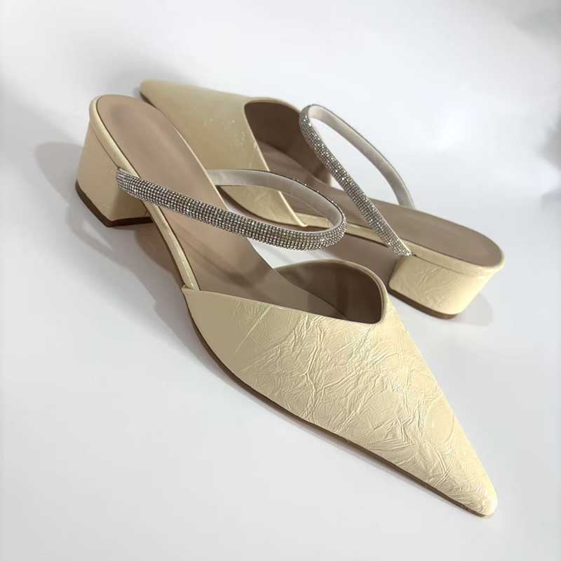 Women's Champagne Faux Leather Mules Pointed Toe Rhinestone Strap Kitten Heel Slides