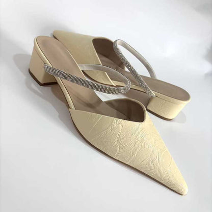 Women's Champagne Faux Leather Mules Pointed Toe Rhinestone Strap Kitten Heel Slides