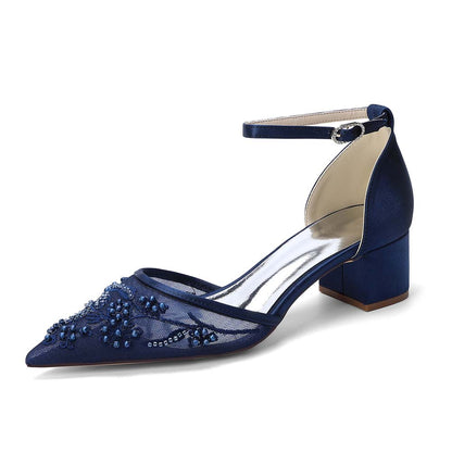 Women's Chunky Ankle-Strap Lace Wedding Shoes For Bride