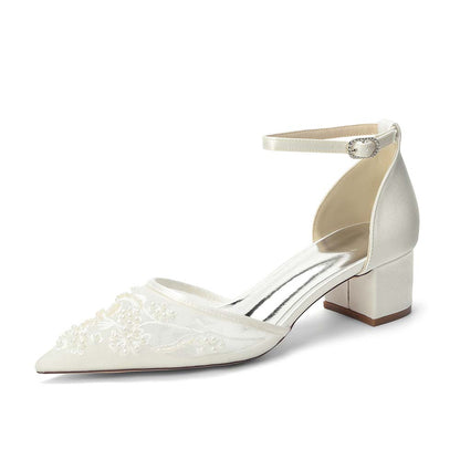 Women's Chunky Ankle-Strap Lace Wedding Shoes For Bride