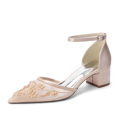 Women's Chunky Ankle-Strap Lace Wedding Shoes For Bride