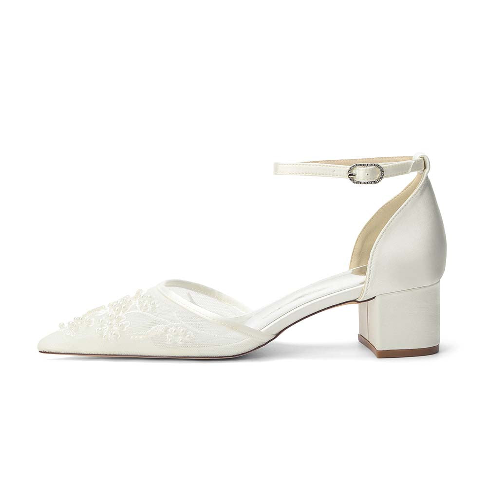 Women's Chunky Ankle-Strap Lace Wedding Shoes For Bride