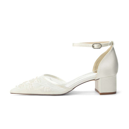 Women's Chunky Ankle-Strap Lace Wedding Shoes For Bride