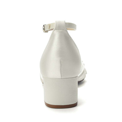 Women's Chunky Ankle-Strap Lace Wedding Shoes For Bride