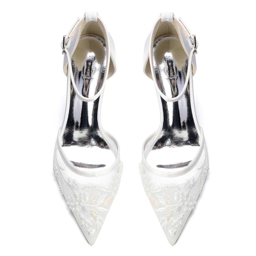 Women's Chunky Ankle-Strap Lace Wedding Shoes For Bride