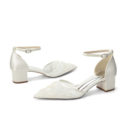 Women's Chunky Ankle-Strap Lace Wedding Shoes For Bride