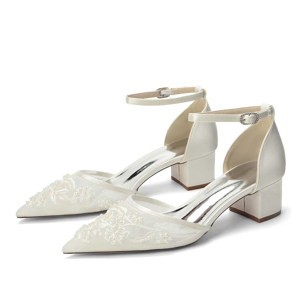 Women's Chunky Ankle-Strap Lace Wedding Shoes For Bride
