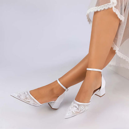Women's Chunky Ankle-Strap Lace Wedding Shoes For Bride